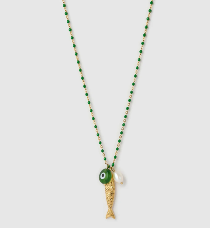 Fish for Luck. Enamel and Evil Eye Necklace: Horn