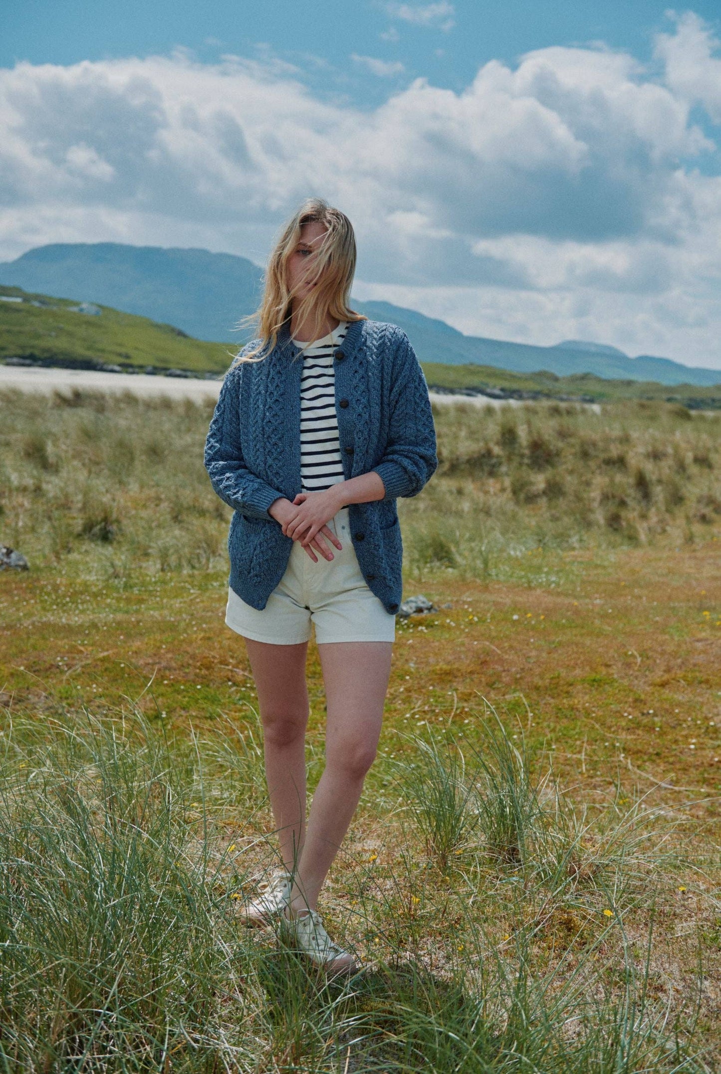 Achill Island Ladies Merino Aran Cardigan - Denim