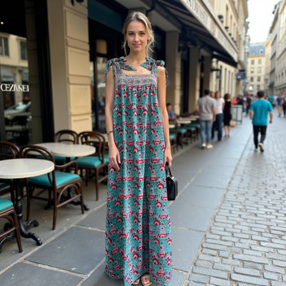 MWomen's Bow Tie Strap Maxi Dress, Lotus Double Border Print
