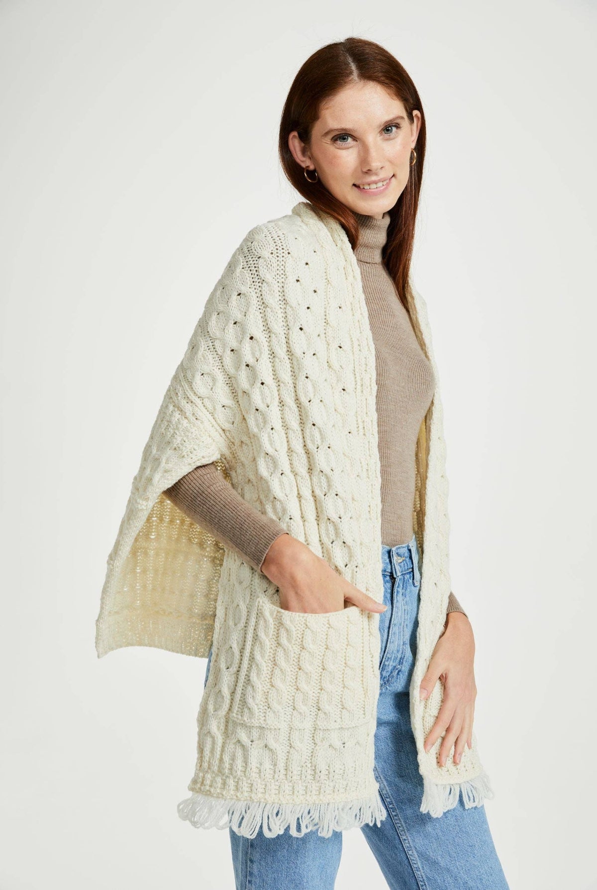 Shannon Throwover Merino Aran Wrap With Pocket - Cream: One Size