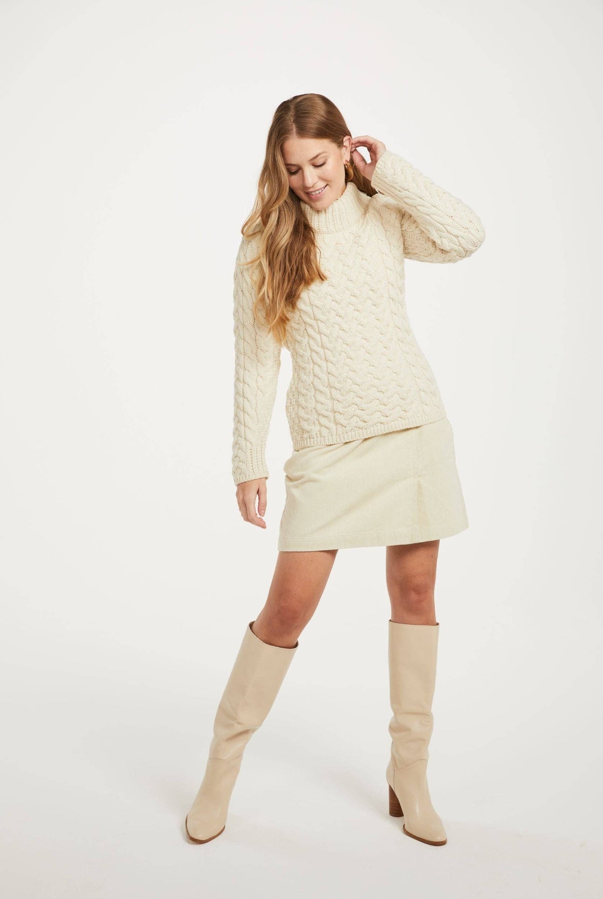 Knightstown Ladies Merino Aran Crew Sweater - Cream: M