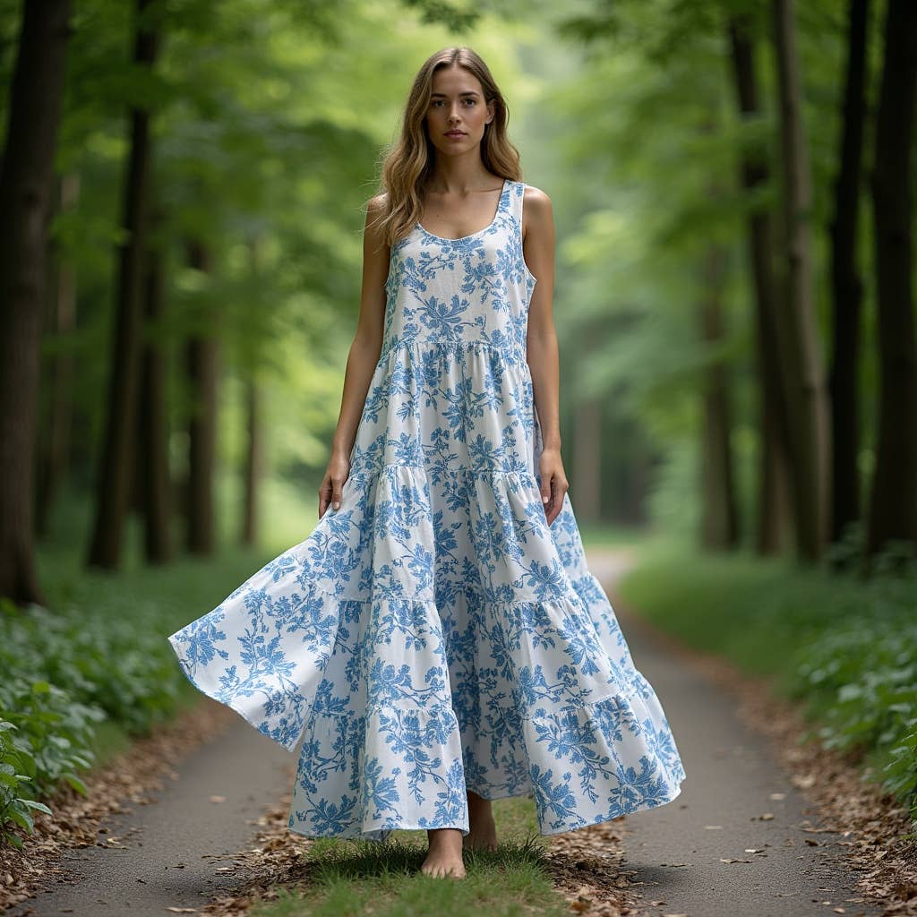 Women's Tier Dress - White Blue Vines print cotton dress : 40