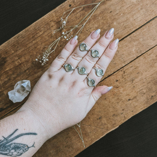 Prehnite Ring - Stirling Silver Rustic Ring - Pear Shaped : 7