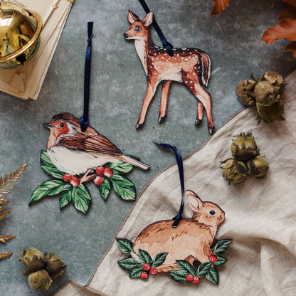Deer Sustainable Wooden Watercolour Christmas Ornament