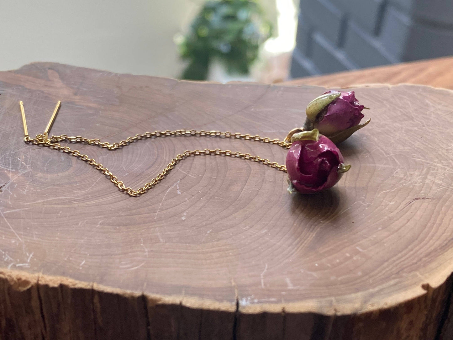 Rose Threader Earrings: Pink / Gold