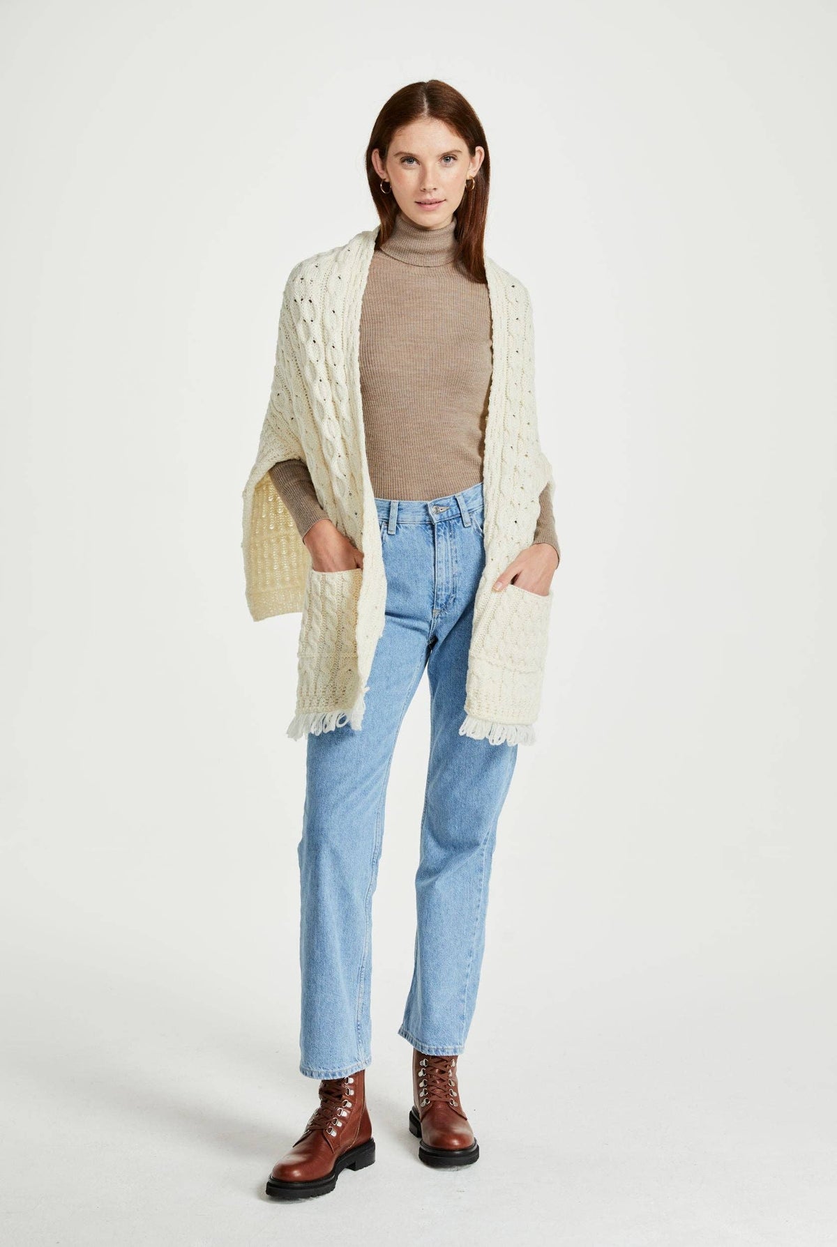 Shannon Throwover Merino Aran Wrap With Pocket - Cream: One Size