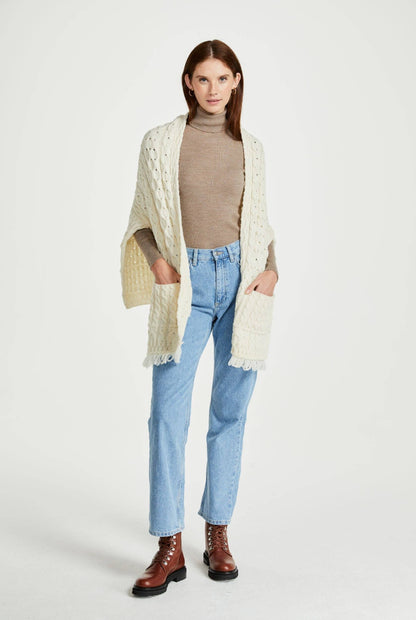 Shannon Throwover Merino Aran Wrap With Pocket - Cream: One Size