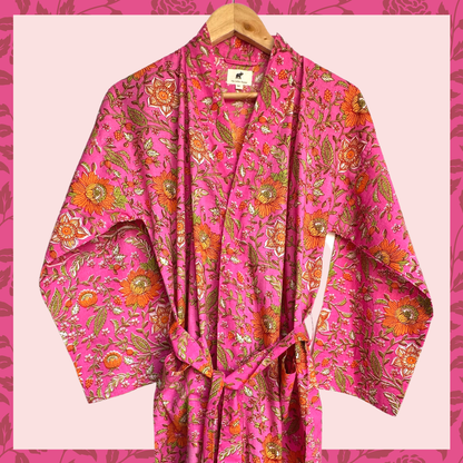 Womens Kimono Robe - All over floral in Pink & orange cotton: 44 / L