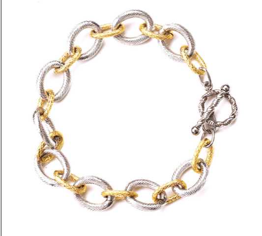  Two Tone Etched Steel Link Toggle Bracelet